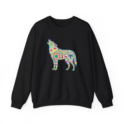 Colorful Huichol art pullover featuring a howling wolf in vibrant Mexican folk style.
