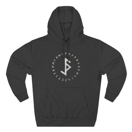 Black graphic hoodie featuring Norse runes and the bind rune for protection.