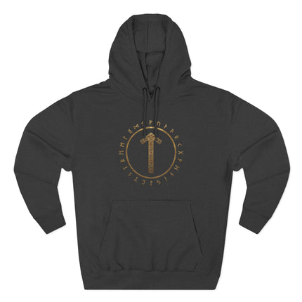Norse mythology hoodie featuring the Tiwaz rune and Elder Futhark circle design.
