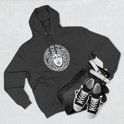 Medusa Gorgon graphic hoodie featuring snake hair and a detailed Greek key pattern.