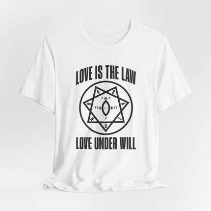 Love Is The Law t-shirt featuring the occult heptagram symbol and Thelema text.