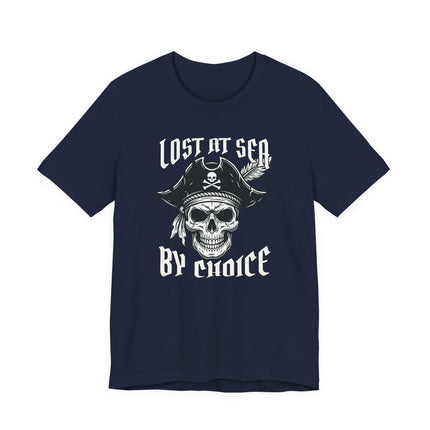 Lost at Sea By Choice pirate skull graphic t-shirt featuring nautical adventure art.