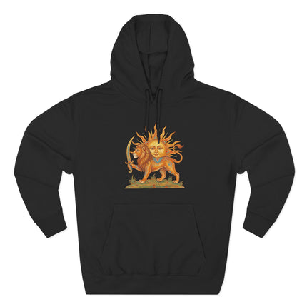 Persian Lion and Sun (Shir-o-Khorshid) symbol graphic on a black heritage hoodie.