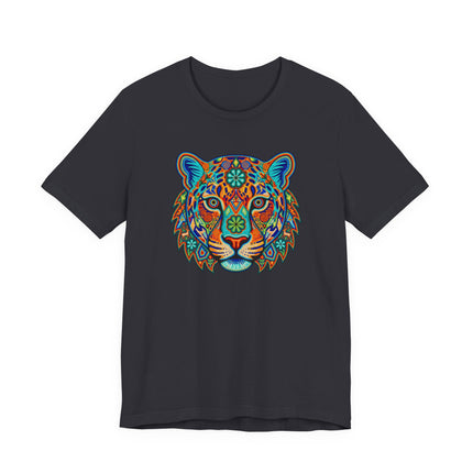 Vibrant Huichol jaguar tribal art graphic tee featuring colorful spirit animal design.