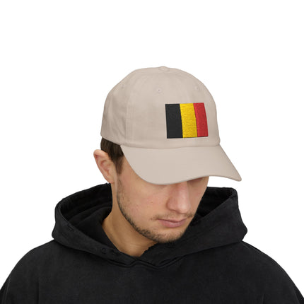 Embroidered Belgian flag baseball cap in black, yellow, and red colors.