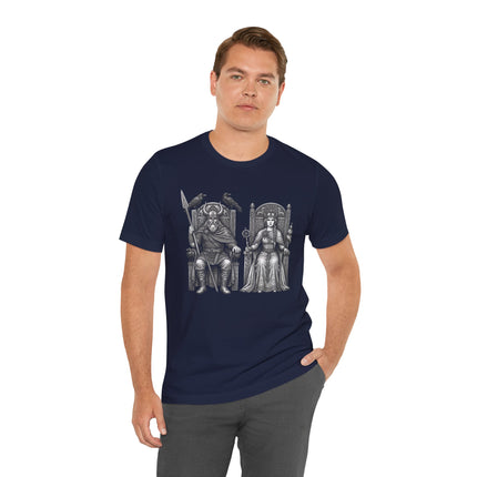 Odin and Frigg Norse gods graphic tee featuring Viking mythology and intricate divine art.