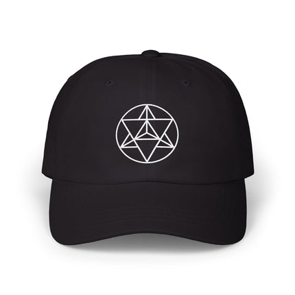 Black baseball cap featuring white embroidered sacred geometry Merkaba design.