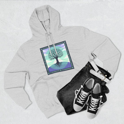 Mystical Celtic Tree of Life graphic on a unisex gray pullover hoodie, perfect for nature lovers.