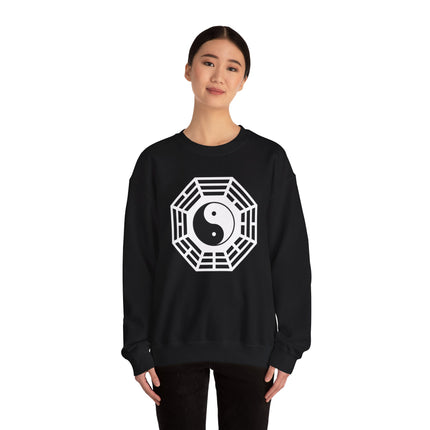 Black pullover with white Yin Yang and Bagua symbol graphic, representing balance and harmony.
