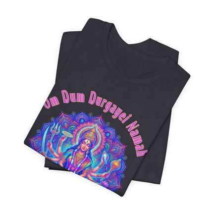 Om Dum Durgayei Namah mantra and vibrant Durga Goddess mandala art graphic tee.
