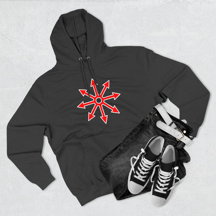Red Chaos Star symbol graphic on a black unisex pullover hoodie.
