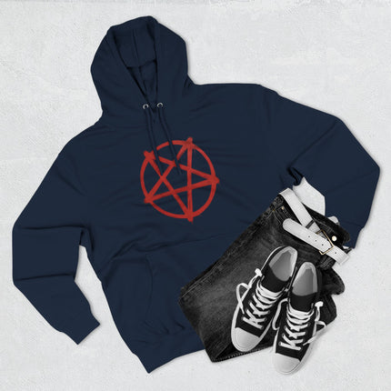 Dark blue hoodie featuring a red inverted pentagram occult symbol for pagan streetwear.