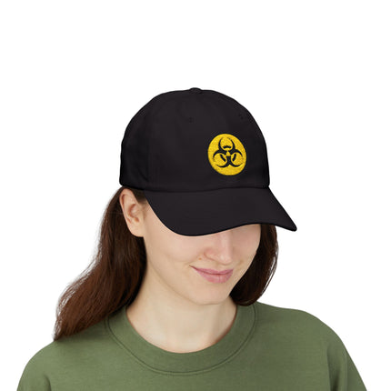 Black embroidered cap featuring a yellow biohazard warning symbol.