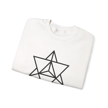 Merkaba sacred geometry pattern graphic on a mystical unisex pullover sweatshirt design.