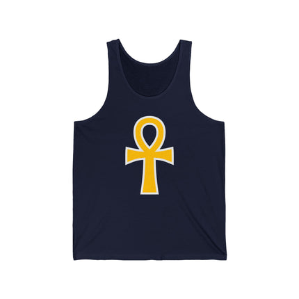 Navy tank top featuring a gold Ankh symbol, the ancient Egyptian Key of Life graphic tee.