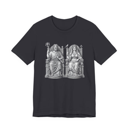 Zeus and Hera, king and queen of Olympus, classical Greek mythology art print on a t-shirt.