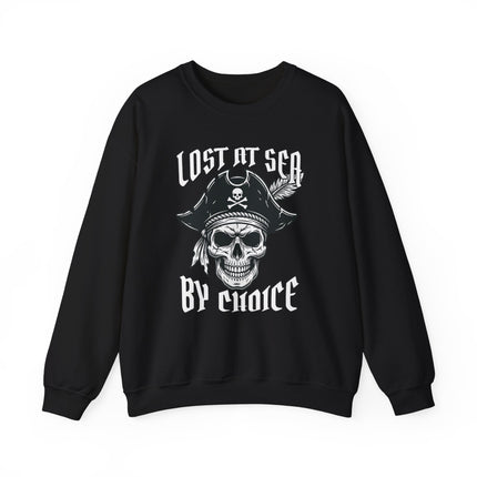 Lost At Sea By Choice pirate skull graphic on a black sweatshirt. Nautical adventure apparel.
