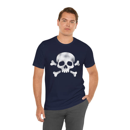 Dark t-shirt featuring a distressed white skull and crossbones pirate graphic.
