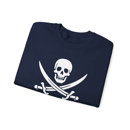 Pirate skull and sabers graphic design on a jolly roger themed sweatshirt pullover.