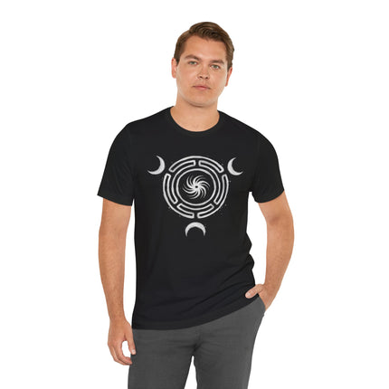 Black t-shirt featuring a triple moon and spiral symbol, representing goddess and lunar cycles.