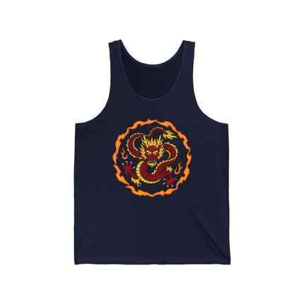 Fiery red dragon graphic coiled in flames, symbolizing powerful East Asian mythology.