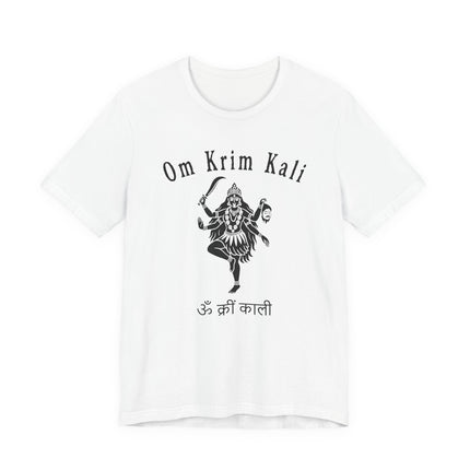 Om Krim Kali mantra and graphic of Goddess Kali on a white spiritual t-shirt.