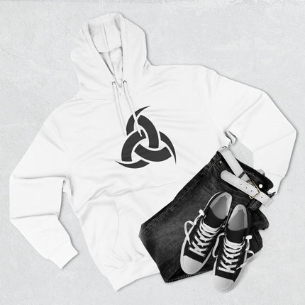 Odin's Horns Norse symbol graphic on a white unisex pullover hoodie.