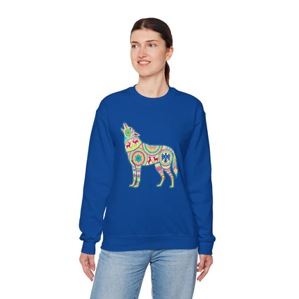 Colorful Huichol art wolf graphic featuring vibrant Mexican folk patterns.