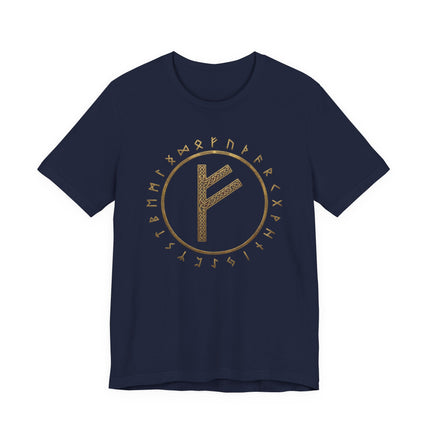 Fehu rune and Elder Futhark runes circular design on a navy blue t-shirt.