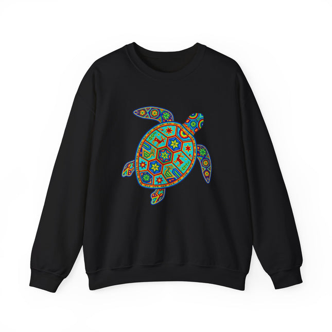Vibrant geometric turtle design on black sweatshirt, inspired by Mexican Huichol folk art.