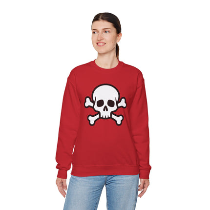 Red pullover sweatshirt featuring a white skull and crossbones graphic design.