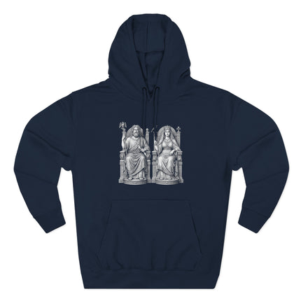 Zeus and Hera, Greek gods, seated classical art design on a hoodie.