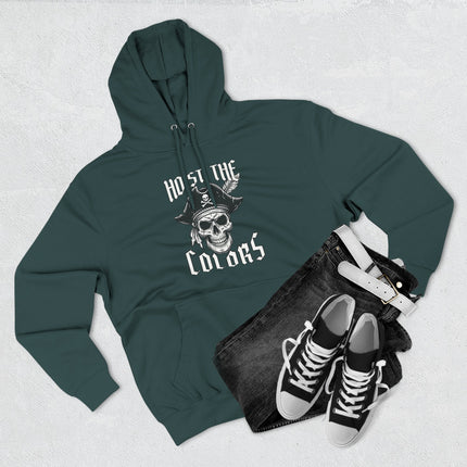 Hoist The Colors" pirate skull graphic hoodie featuring a tricorn hat and nautical design.