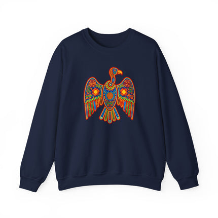Huichol vulture folk art pattern on a vibrant Mexican indigenous pullover sweatshirt.
