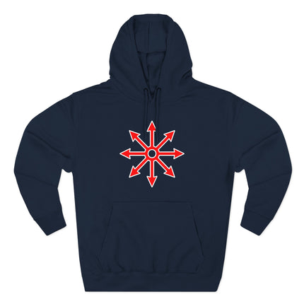 Red chaos star symbol graphic on a dark blue pullover hoodie.
