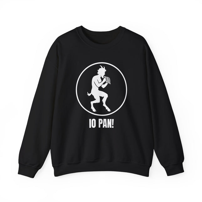 IO PAN! Satyr graphic on black sweatshirt. Greek mythology Pan God design for streetwear.