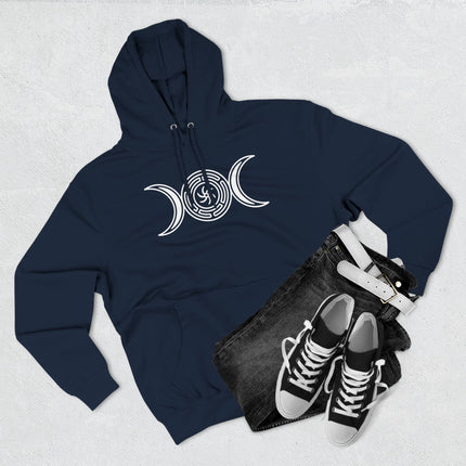 Hekate Triple Moon Goddess hoodie featuring pagan witchcraft symbols and crescent moons.