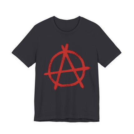Red grunge anarchy symbol graphic on a black punk streetwear t-shirt.