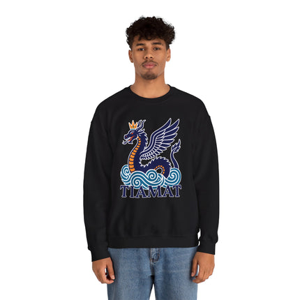 Mesopotamian Tiamat winged dragon art graphic on a black mythological pullover sweatshirt.