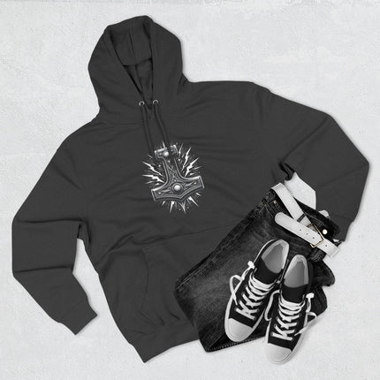 Mjolnir hammer graphic hoodie featuring Norse mythology and Thor's thunder symbol.