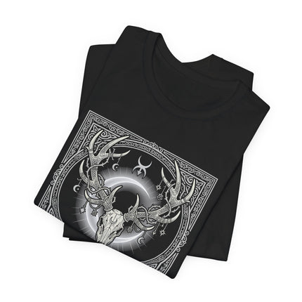 Celtic Stag Skull Art T-Shirt - Tribal Antler Crown with Moon Design