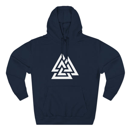 White Valknut Norse symbol graphic on a dark blue hoodie.