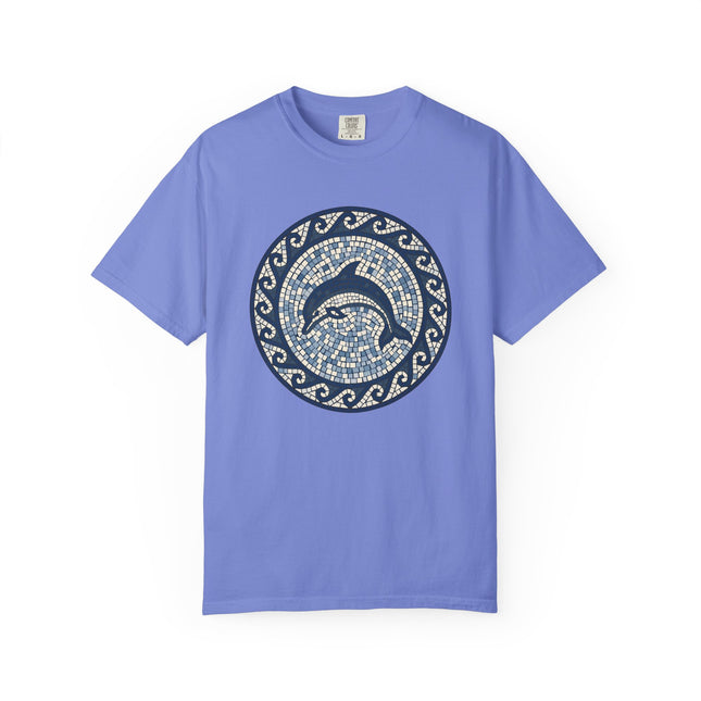 Dolphin Mosaic Art T-Shirt | Blue Marine Sea Life Greek Key Design