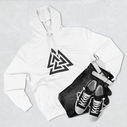 White hoodie featuring the black Valknut Norse symbol graphic. Unisex Viking apparel.