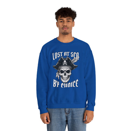 Nautical pirate skull sweatshirt featuring "Lost At Sea By Choice" graphic print.