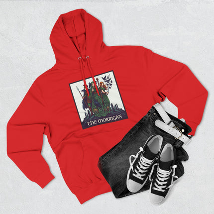 The Morrigan Celtic Goddess graphic on a red hoodie, featuring mythological art and divine feminine themes.