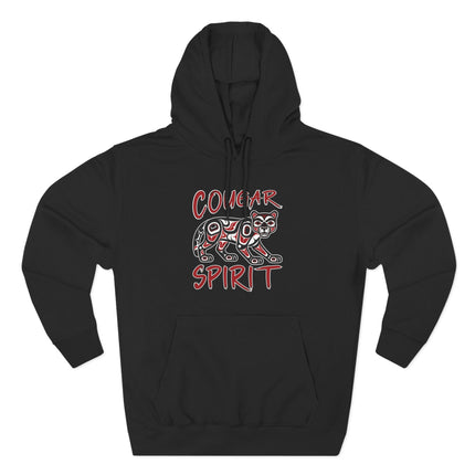 Cougar Spirit graphic on black hoodie. Stylized mountain lion indigenous art design.