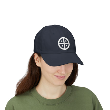 Navy embroidered baseball cap featuring the ancient solar cross symbol.