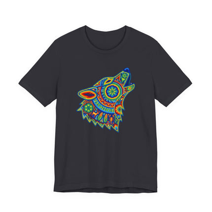 Colorful tribal geometric howling wolf graphic tee on a black shirt.