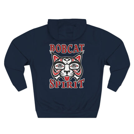 Tribal bobcat head graphic on a navy hoodie with "Bobcat Spirit" text. Wild spirit animal design.